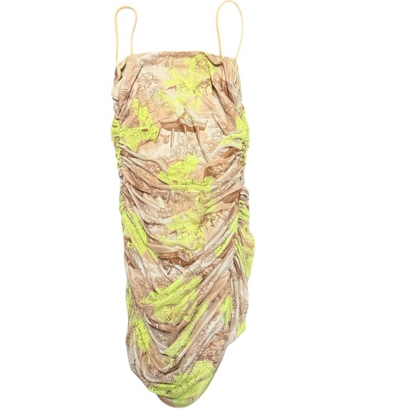 Missguided Brown Yellow Ruched Mini Dress With  Asian Style Dragon Print US 4 - Picture 3 of 6